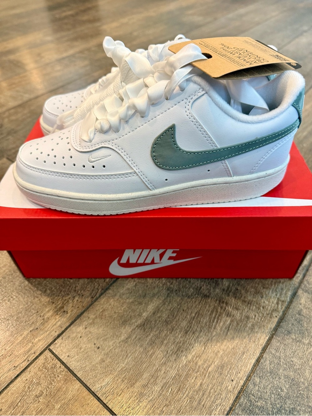 Nike White Court Vision Low-Top Sneakers with Sage Green Swoosh